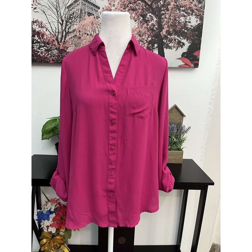 Limited Womens Button Down Top Blouse Size S Pink Pleated Long Roll Tab Sleeve